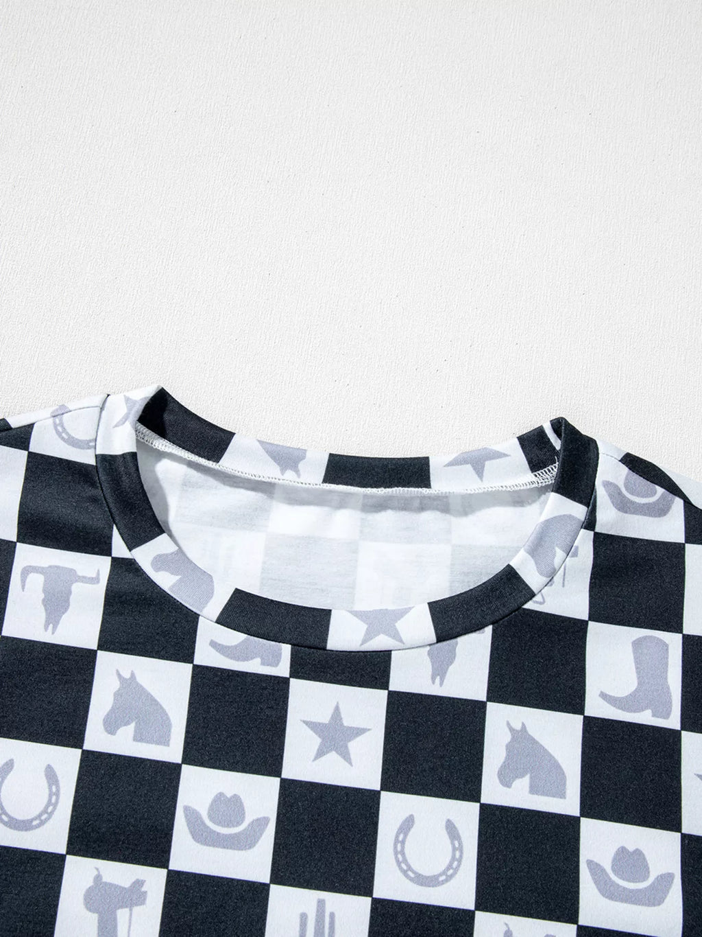 Western Checkerboard Print Side Split T Shirt