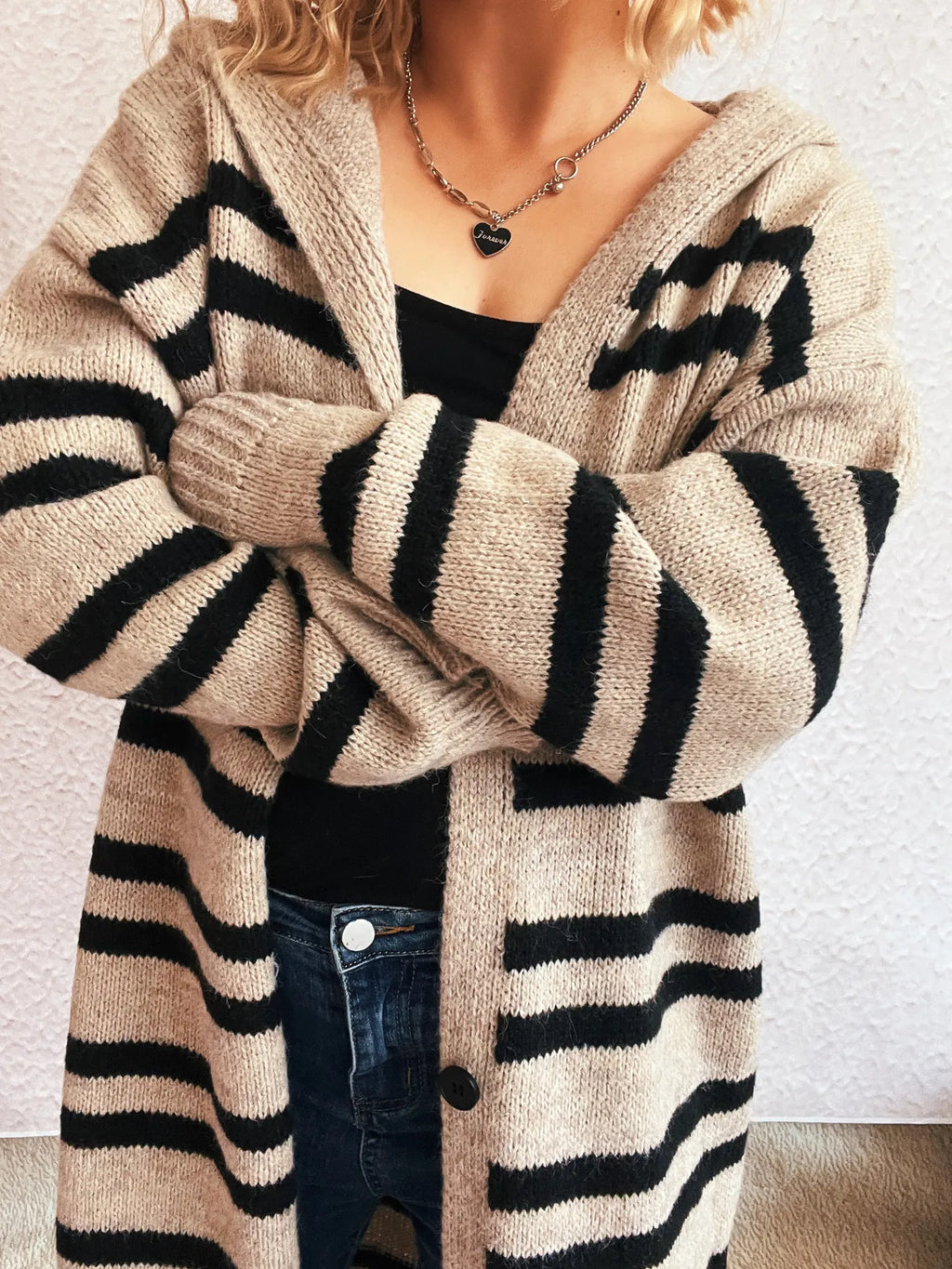 Striped Open Front Hooded Cardigan