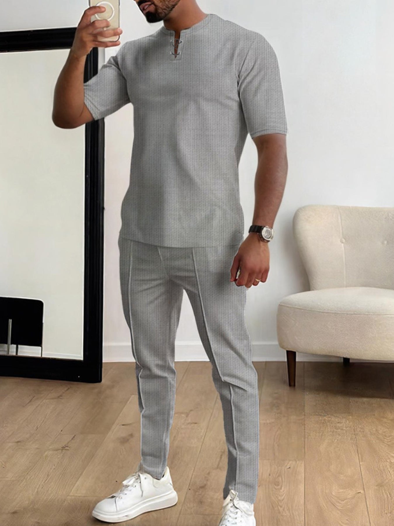 Men's Full Size Casual Short-Sleeve Top and Pants Set Plus Size