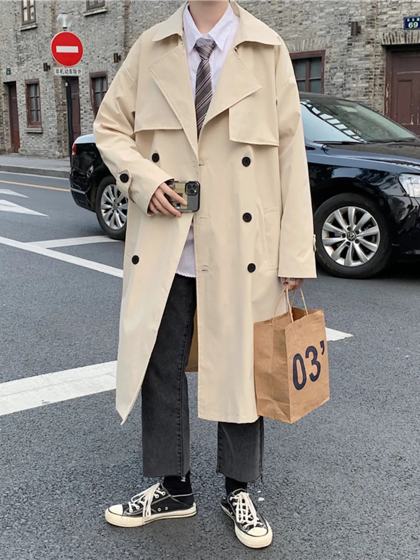 Men's Collared Neck Long Sleeve Double-Breasted Trench Coat