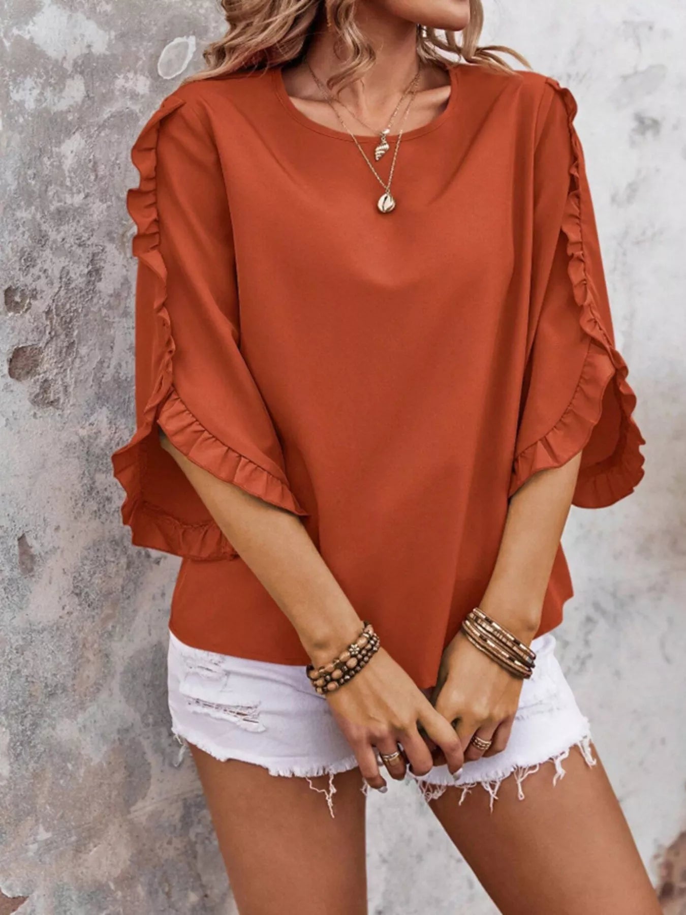 Ruffle Sleeve Solid Color Blouse