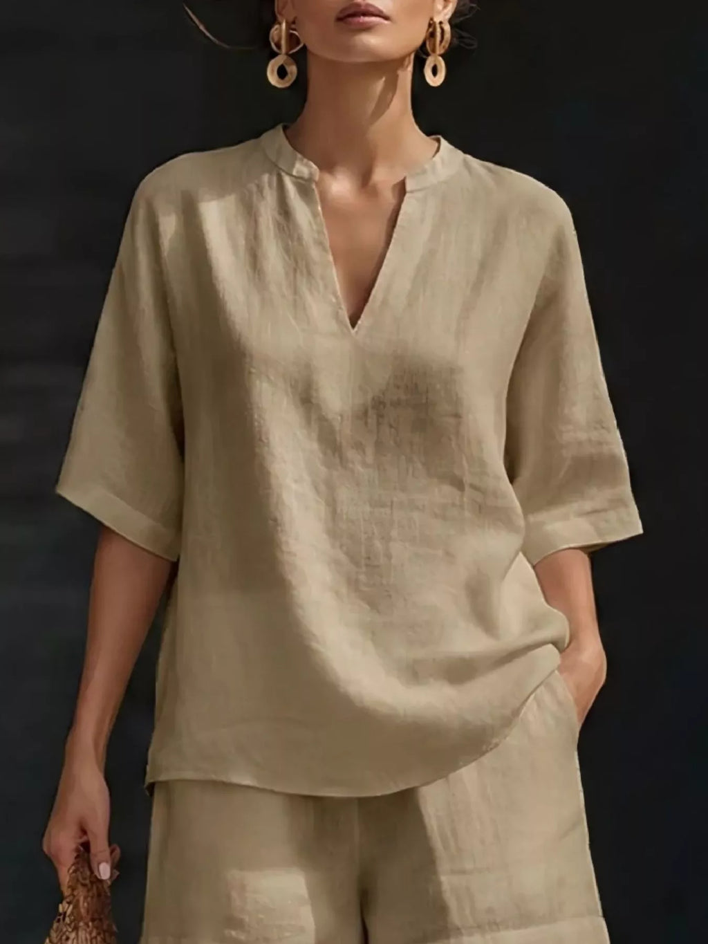 Full Size Notched Half Sleeve Top and Shorts Set Plus Size