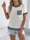 Striped Trim Short Sleeve Knit Top with Striped Chest Pocket