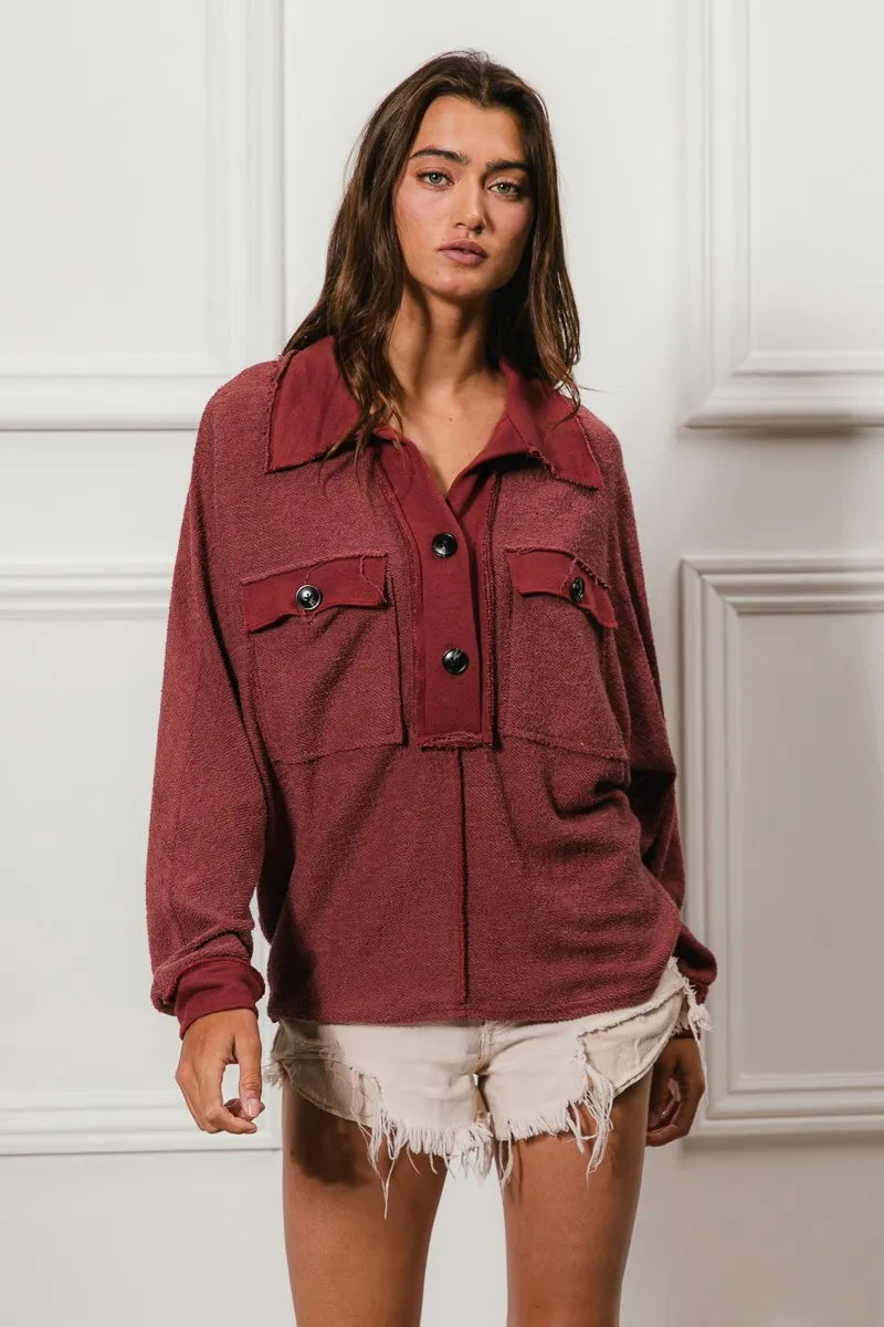 BiBi Cp French Terry Cut Edge Detail Collared Top