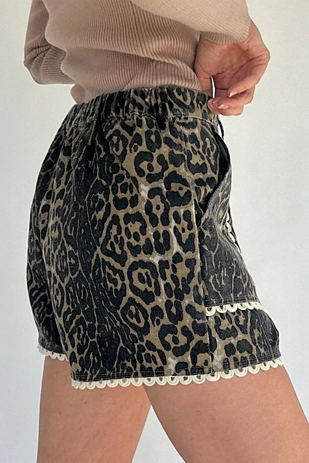 Lace Trim Leopard Denim Shorts