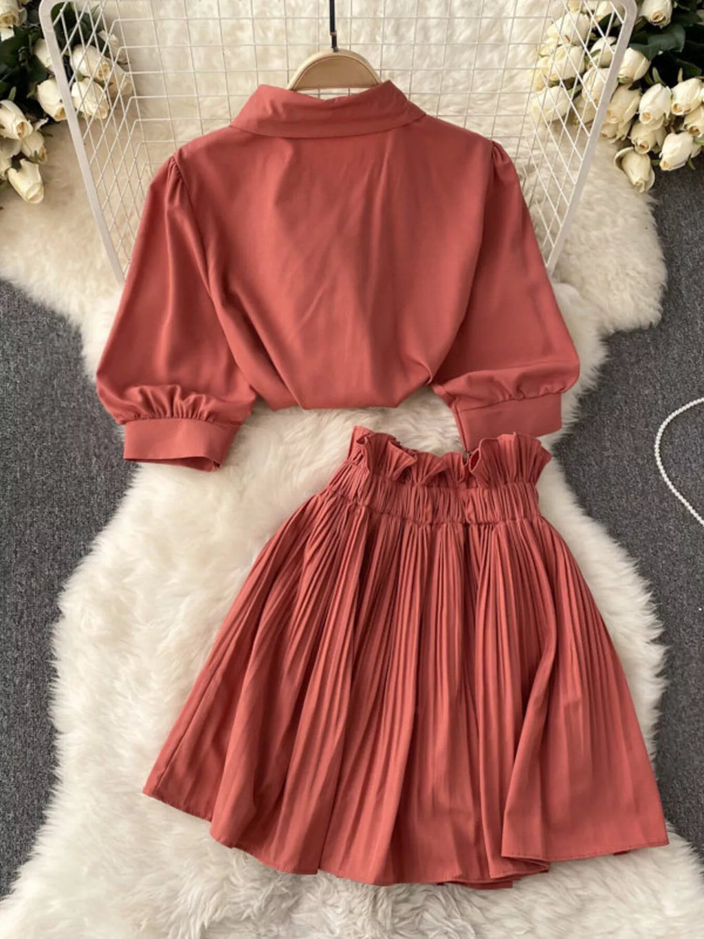 Puff Sleeve Shirt and Pleated Skirt Set