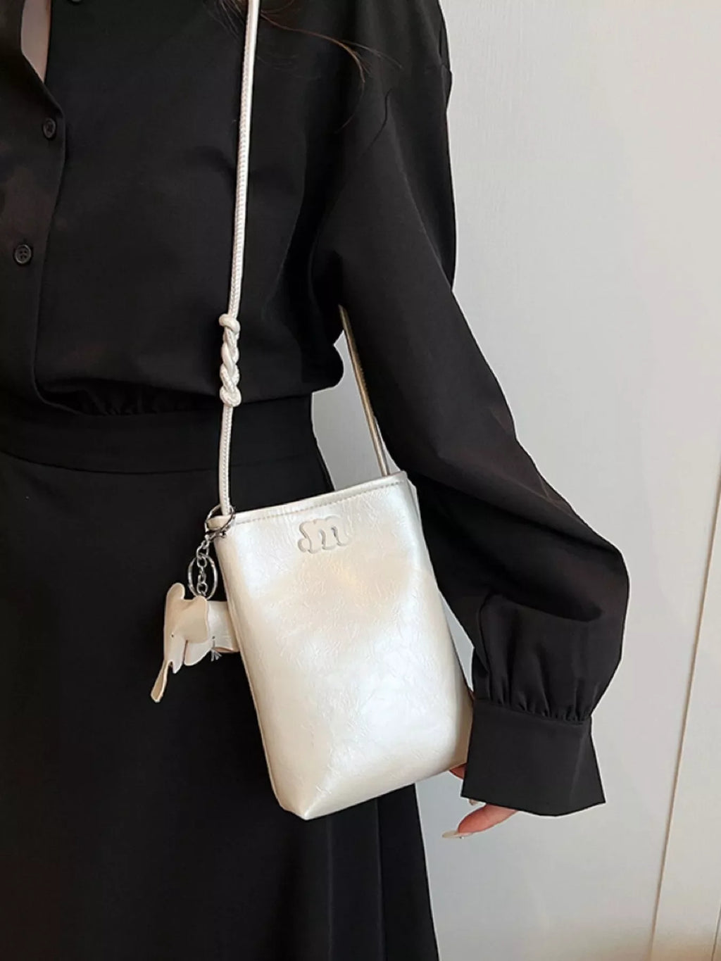 Minimalist PU Leather Crossbody Bag with Elephant Charm