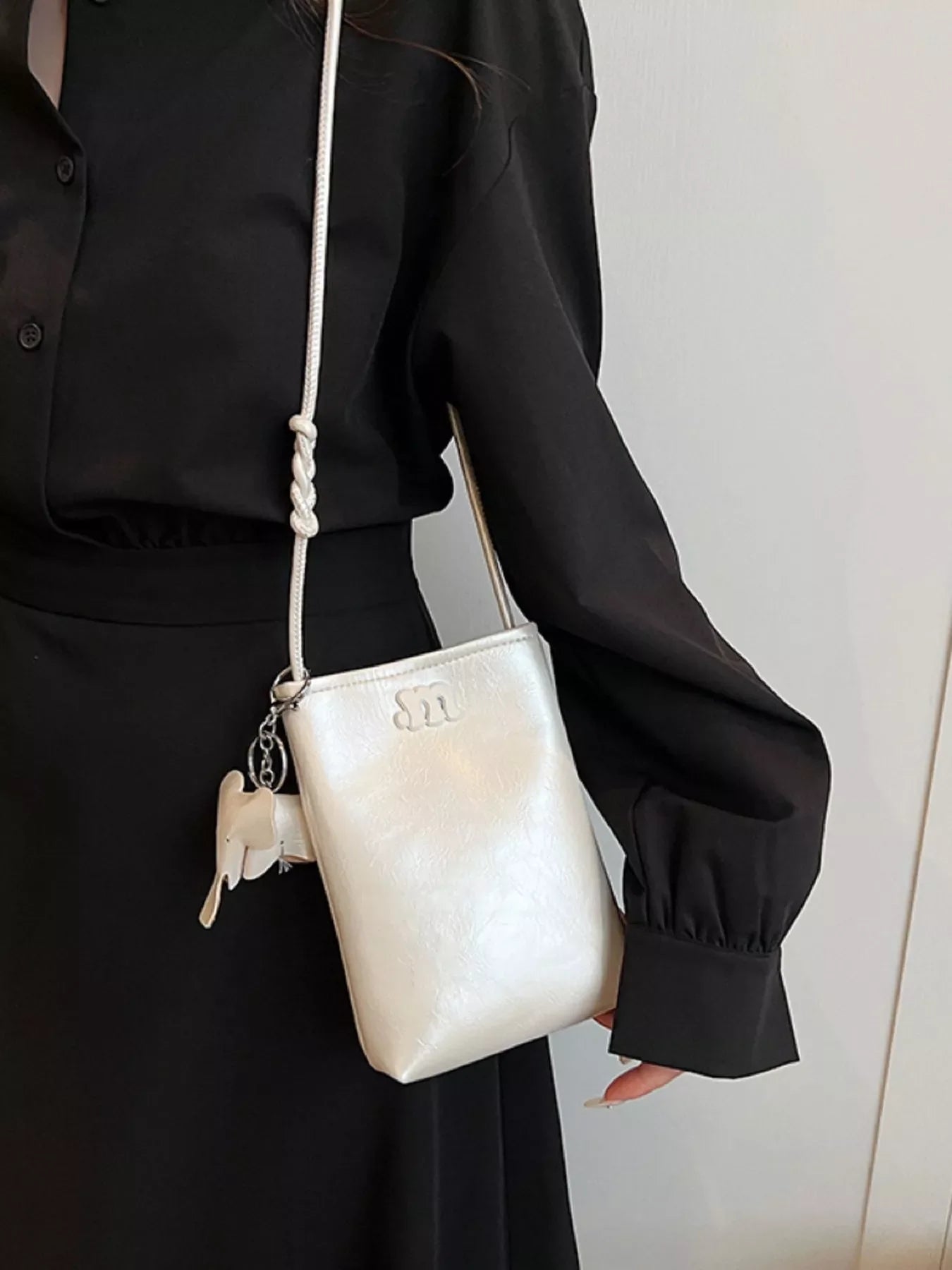 Minimalist PU Leather Crossbody Bag with Elephant Charm