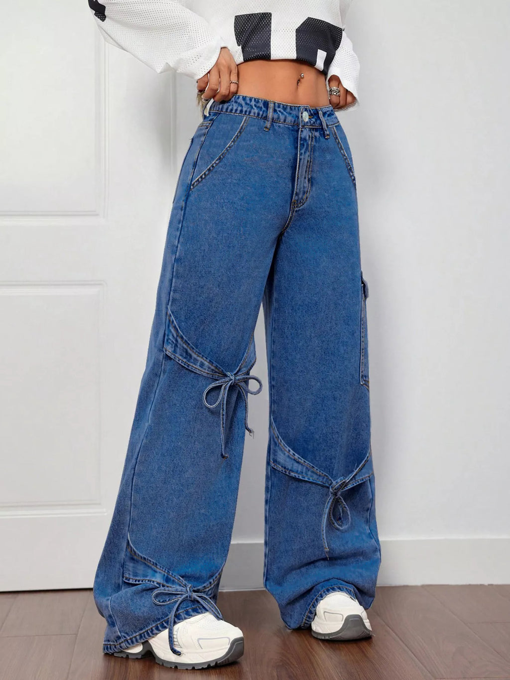 Wide Leg Jeans with Bow Tie Accents