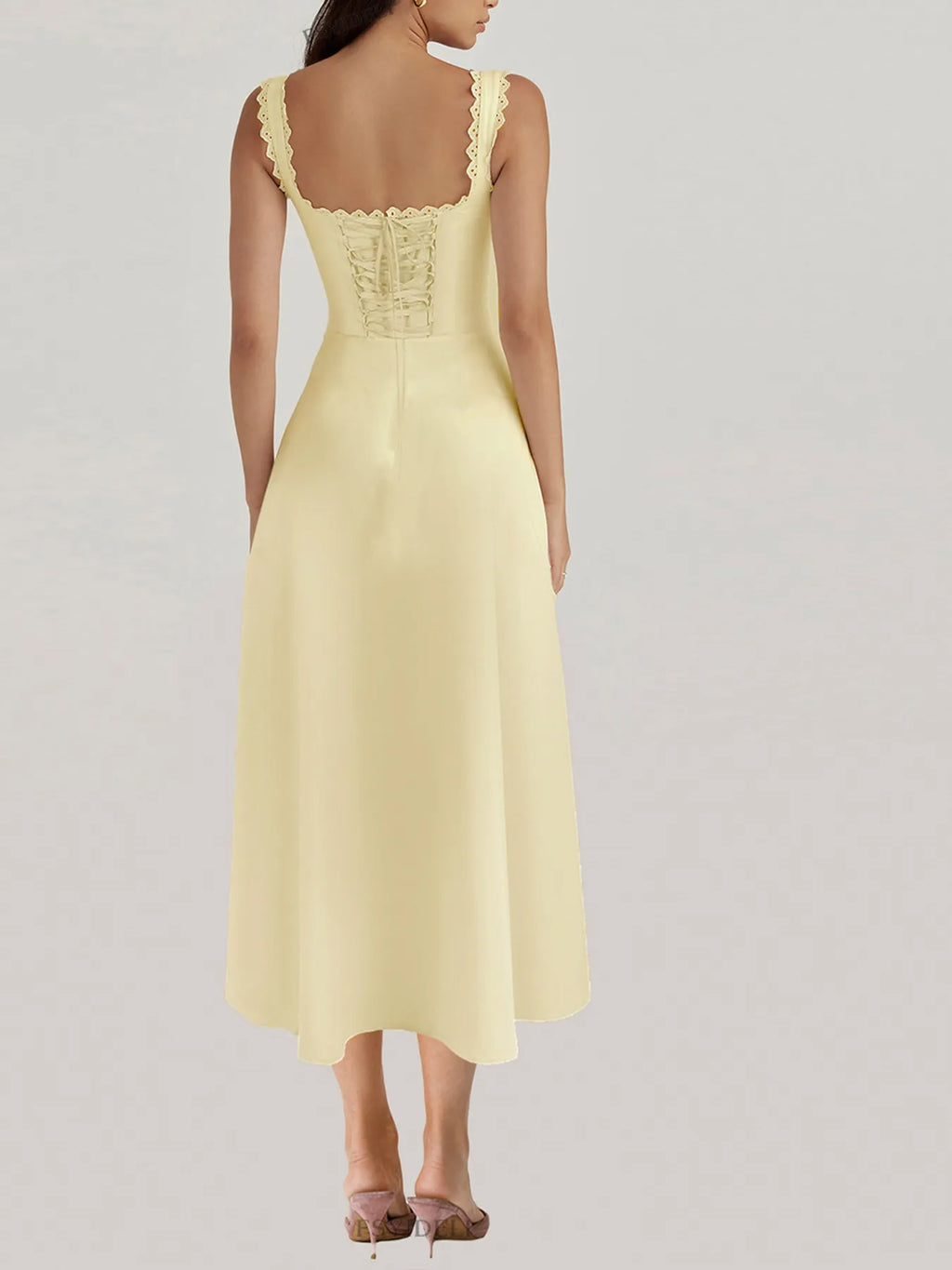 Scalloped V-Neck Midi Dress with Back Lace-Up
