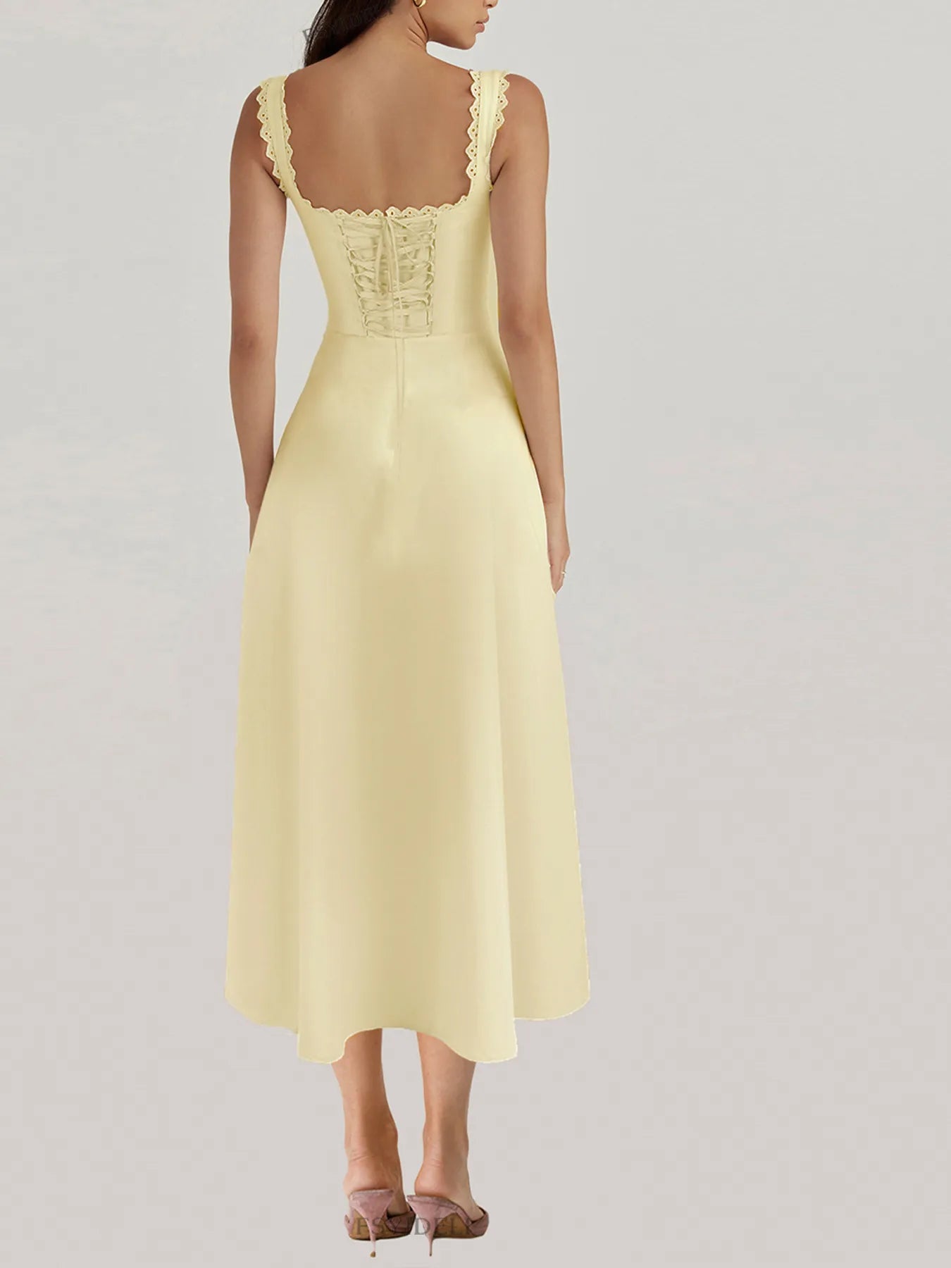 Scalloped V-Neck Midi Dress with Back Lace-Up