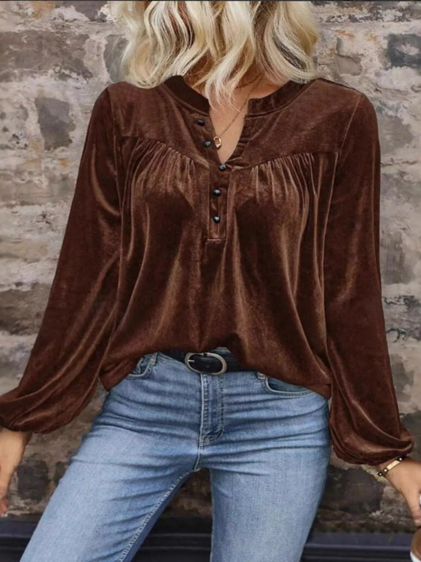 Velvet Notched Long Sleeve Blouse