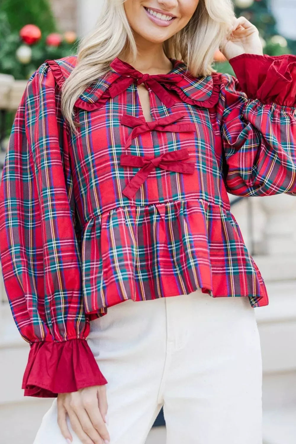 Plaid Tie Neck Ruffle Cuffs Long Sleeve Shift Blouse