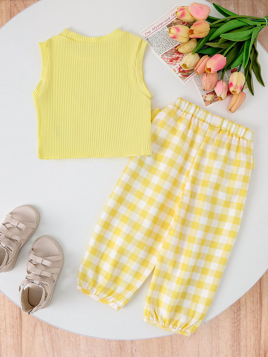 Children's Ribbed Tank Top and Plaid Pants Set with Bows