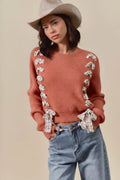 SO ME Checkered Plaid Tape Lace Up Ribbed Sweater
