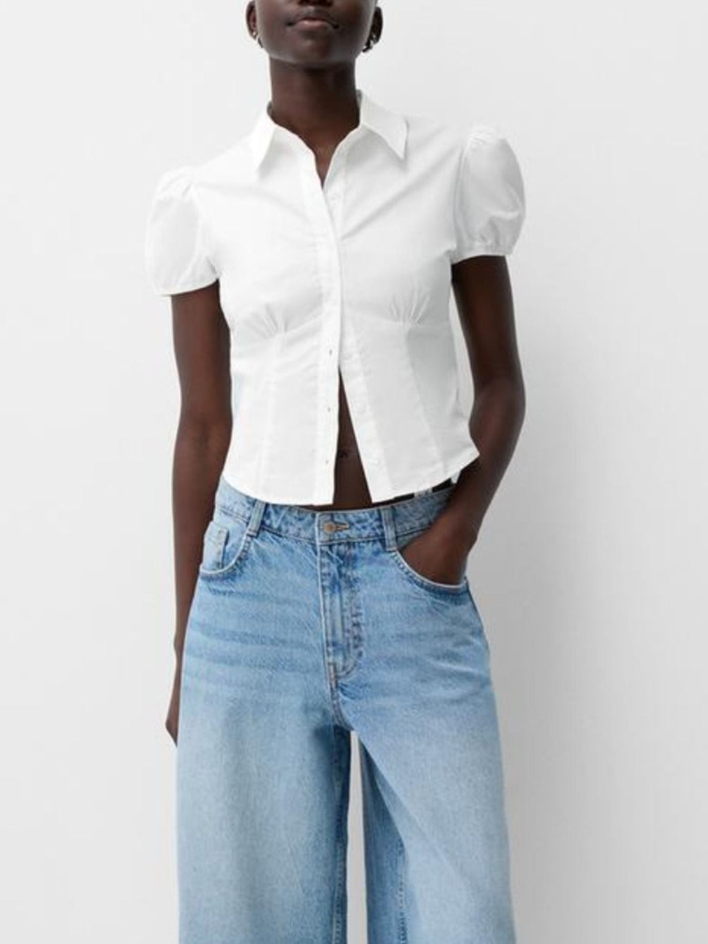 Striped Button Up Puff Sleeve Shirt