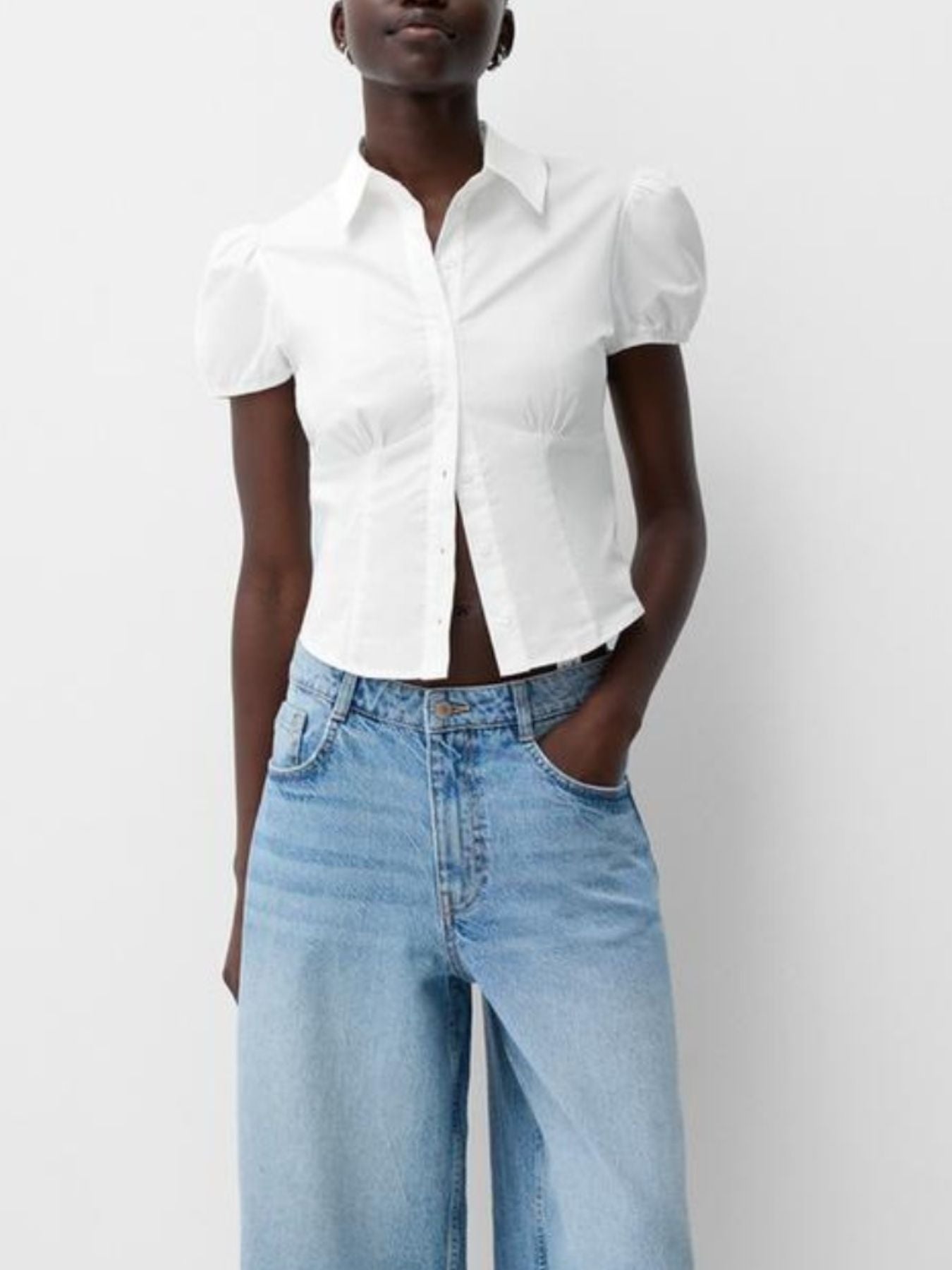 Striped Button Up Puff Sleeve Shirt