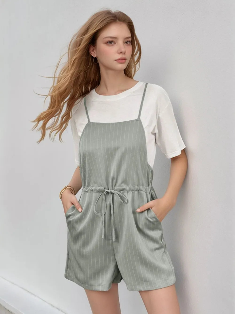 Perfee Drawstring Waist Striped Overalls with Pockets