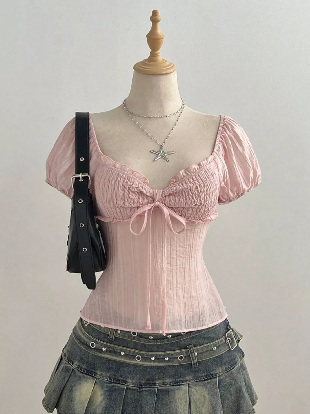 Sweetheart Neck Puff Sleeve Smocked Blouse