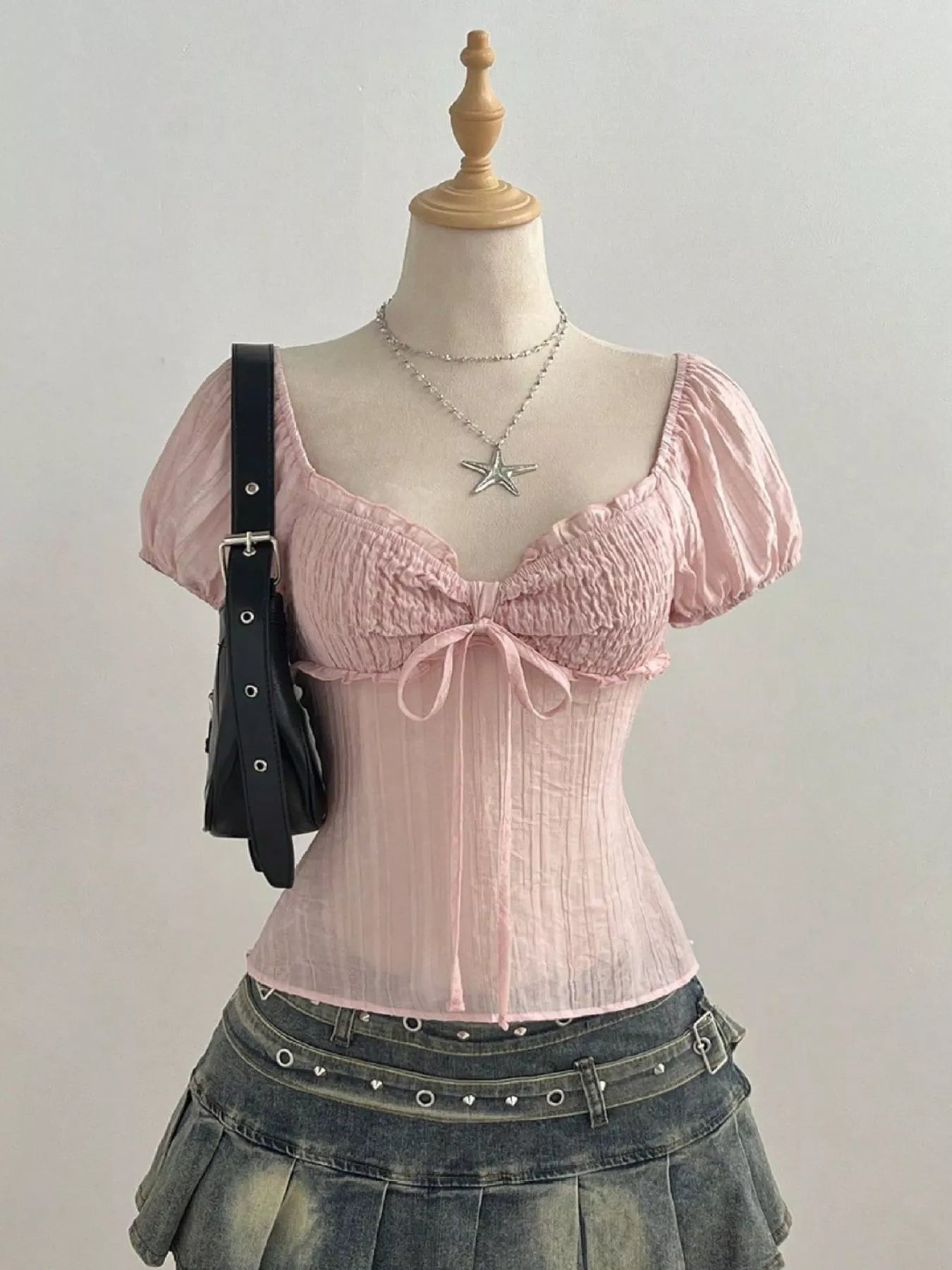 Sweetheart Neck Puff Sleeve Smocked Blouse
