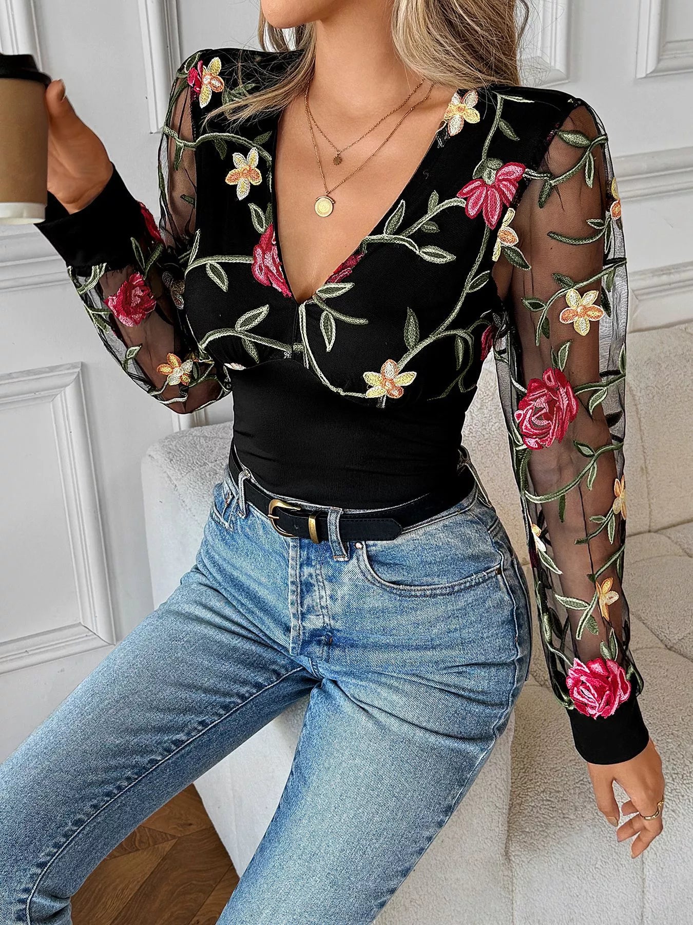 Floral Mesh Sleeve V-Neck Top
