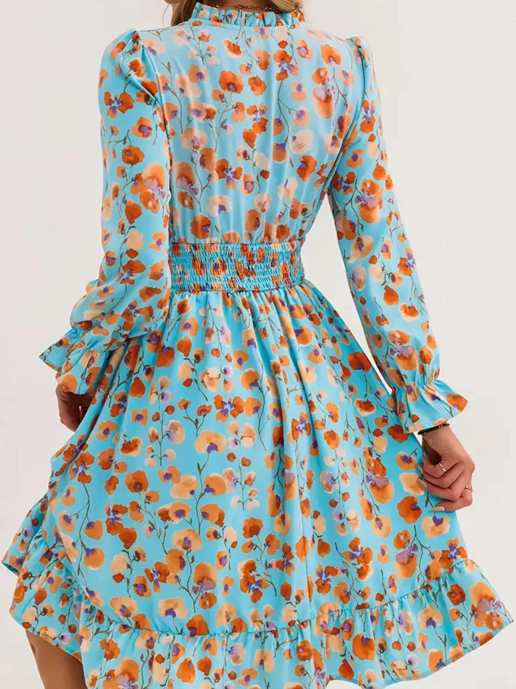 Floral Notched Flounce Sleeve Dress