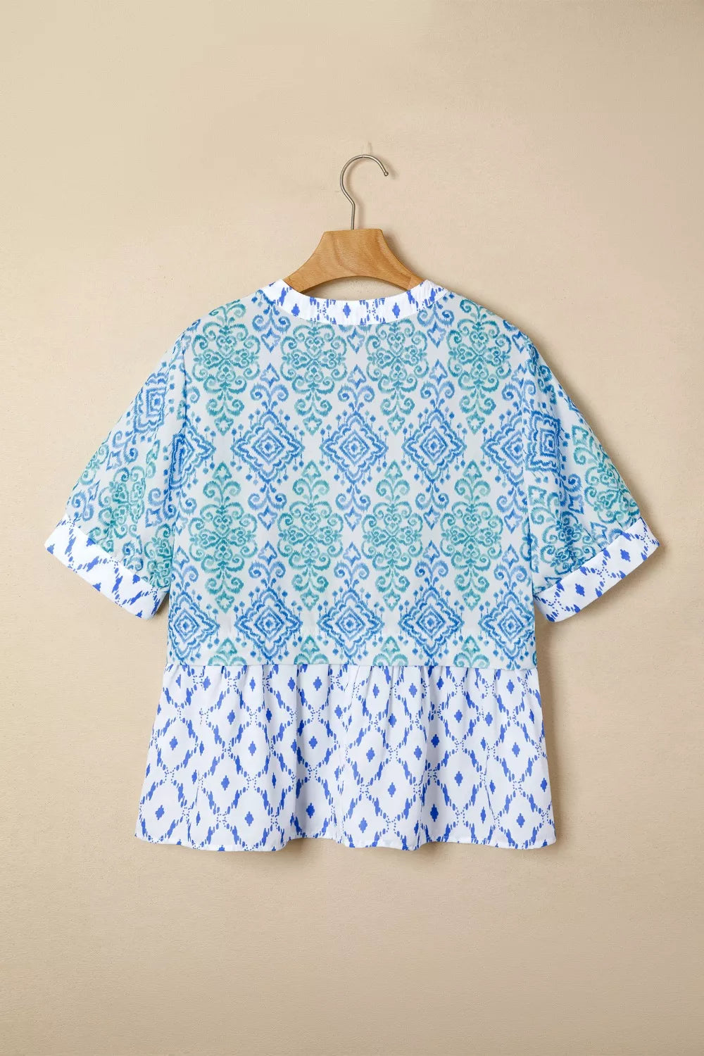 Floral Geometric Patchwork Short Puff Sleeve Babydoll Blouse