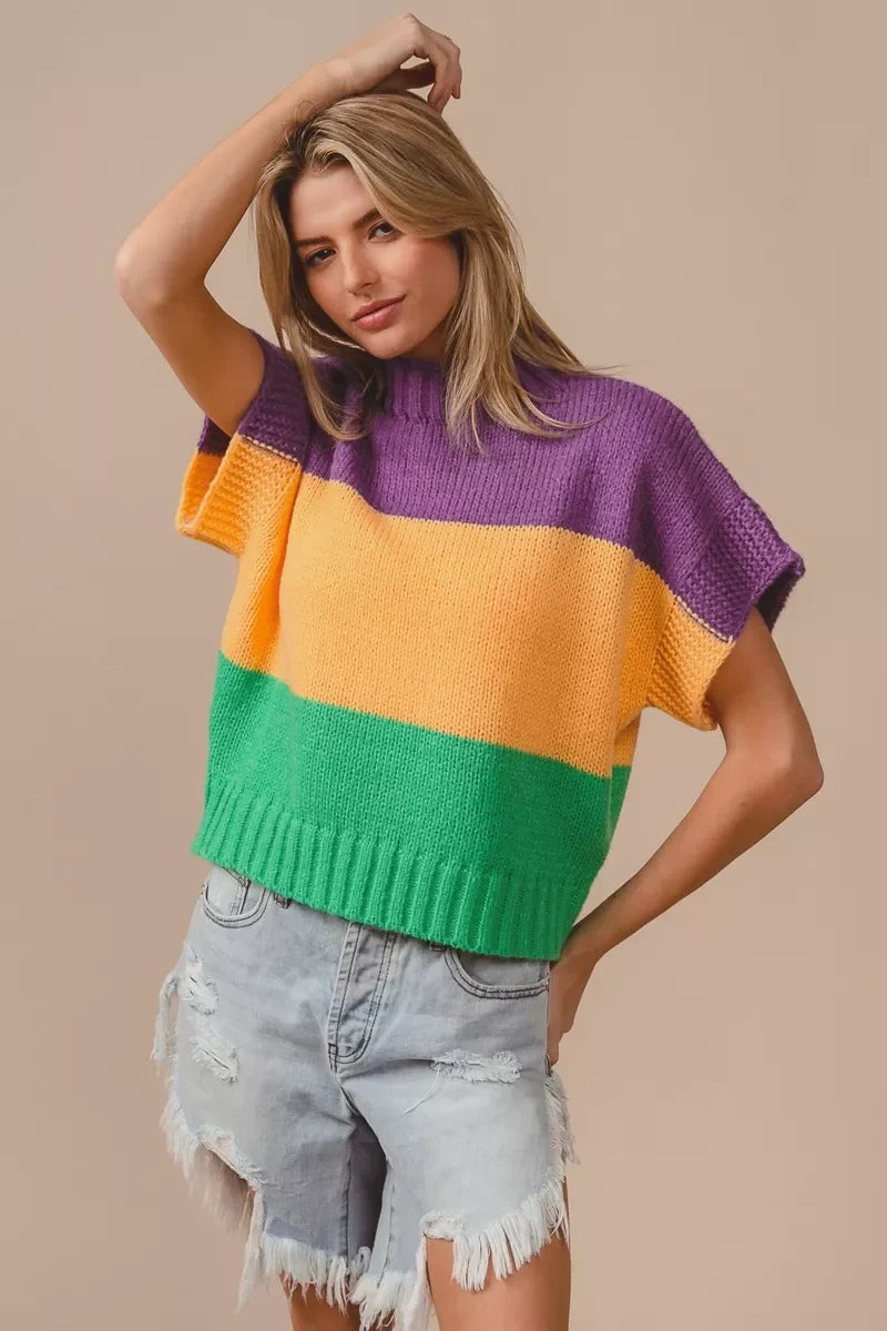 BiBi Mardi Gras Color Block Drop Shoulder Sweater Top