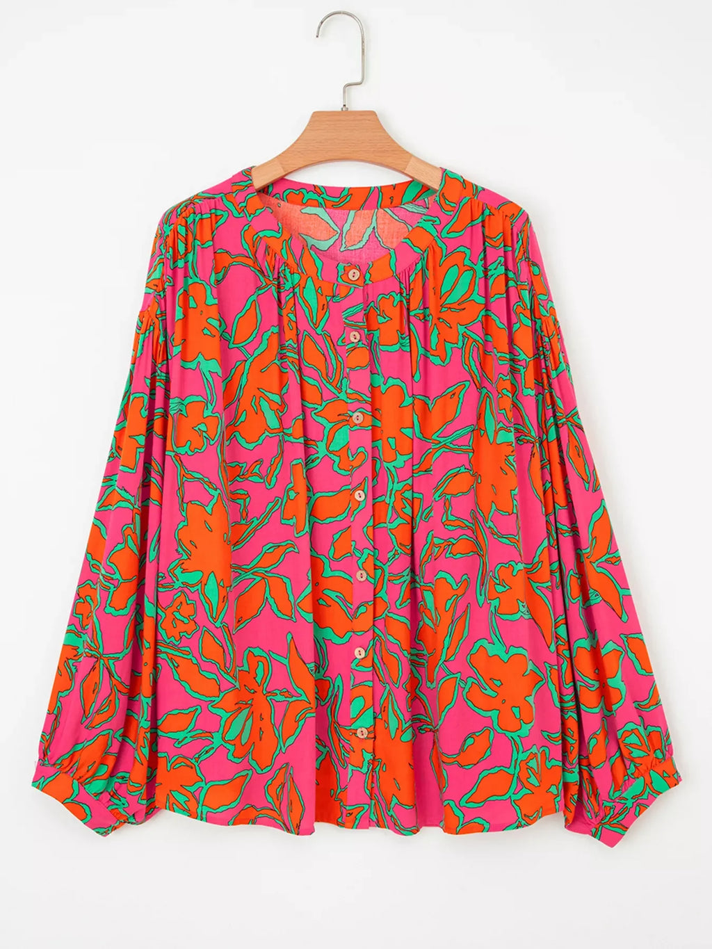 Floral Print Batwing Sleeve Buttoned Loose Fit Shirt