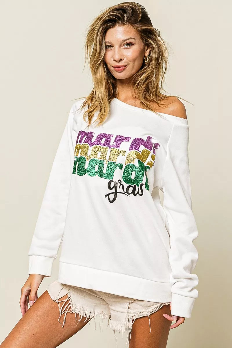 BiBi Mardi Gras Glitter Lettering Sweatshirt