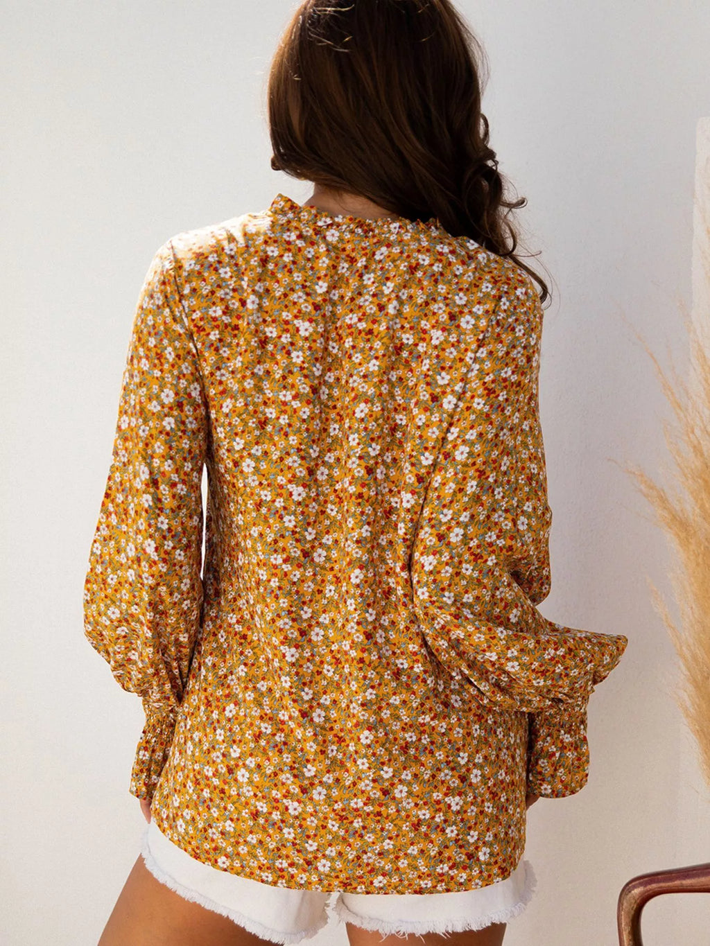 Floral Ruffled Bubble Sleeve Tie Neck Blouse