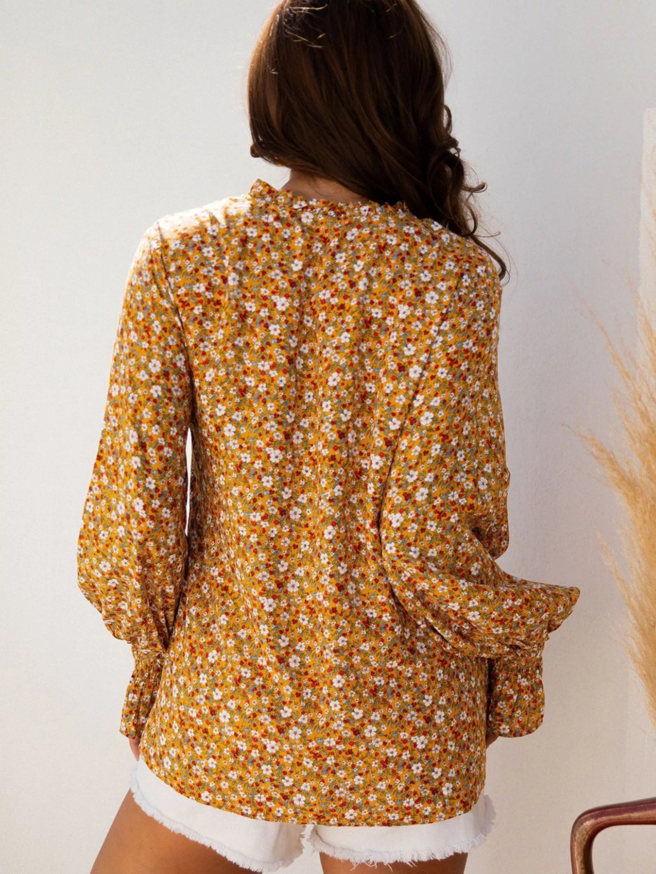 Floral Ruffled Bubble Sleeve Tie Neck Blouse