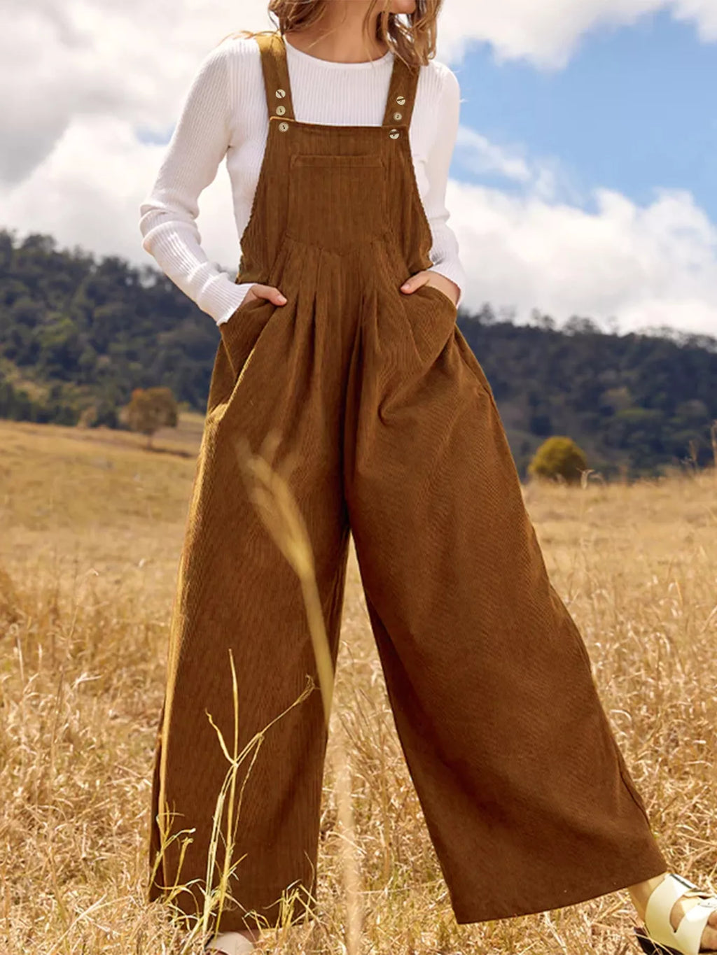 Front Ruched Wide Leg Jumpsuit with Pockets