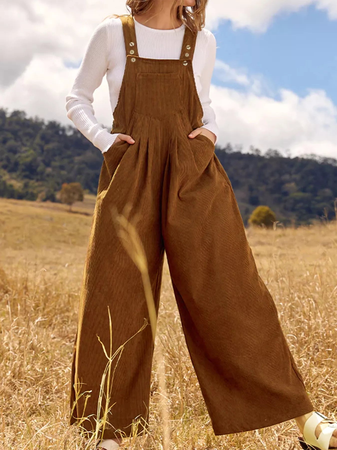 Front Ruched Wide Leg Jumpsuit with Pockets