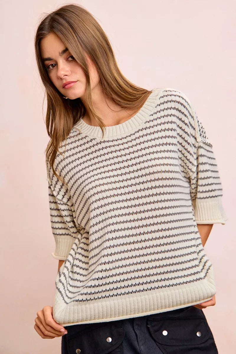 BiBi Stripes Short Sleeves Rib Banded Outseam Knit Top
