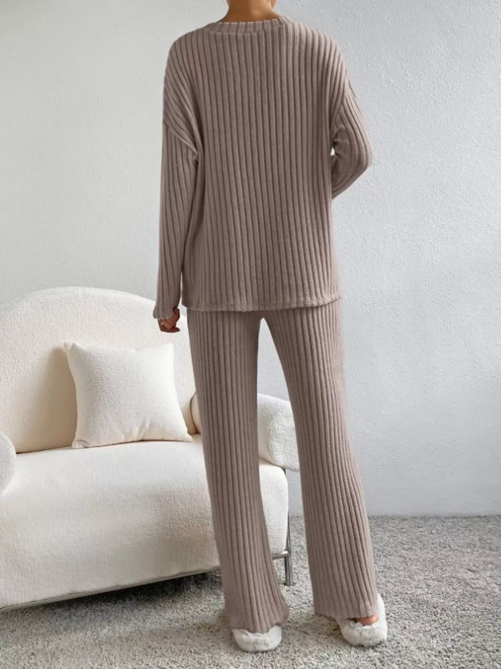 Ribbed Knit V-Neck Top and Pants Set
