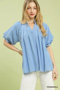 Umgee Linen V-Neck Flutter Sleeve Top