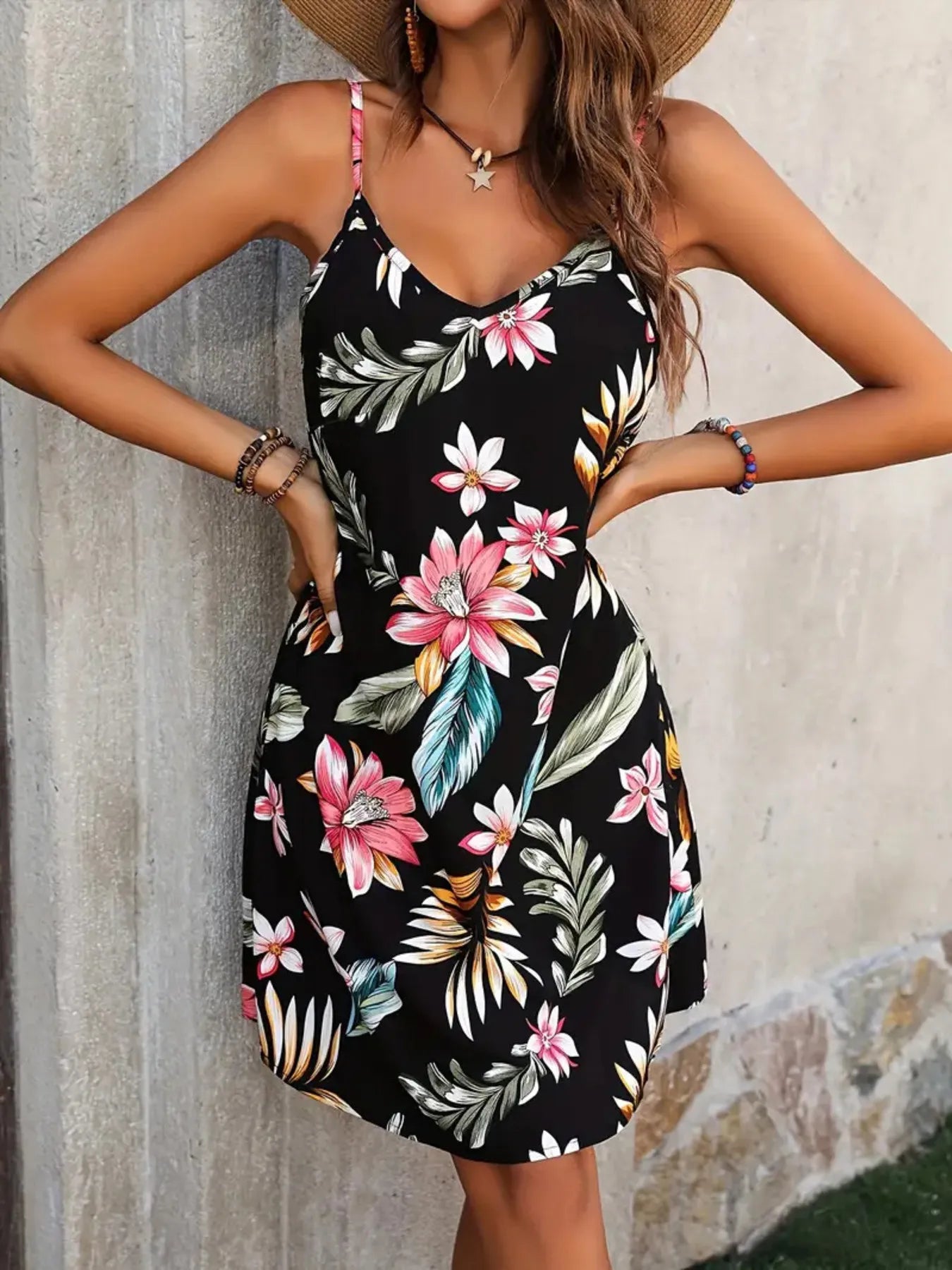 Plus Size Printed V-Neck Cami Dress