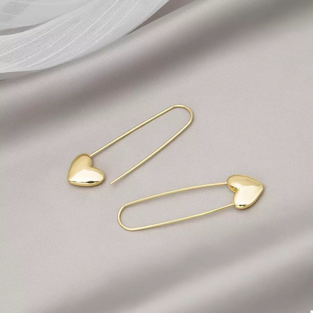 18K Gold-Plated Heart Charm Safety Pin Earrings