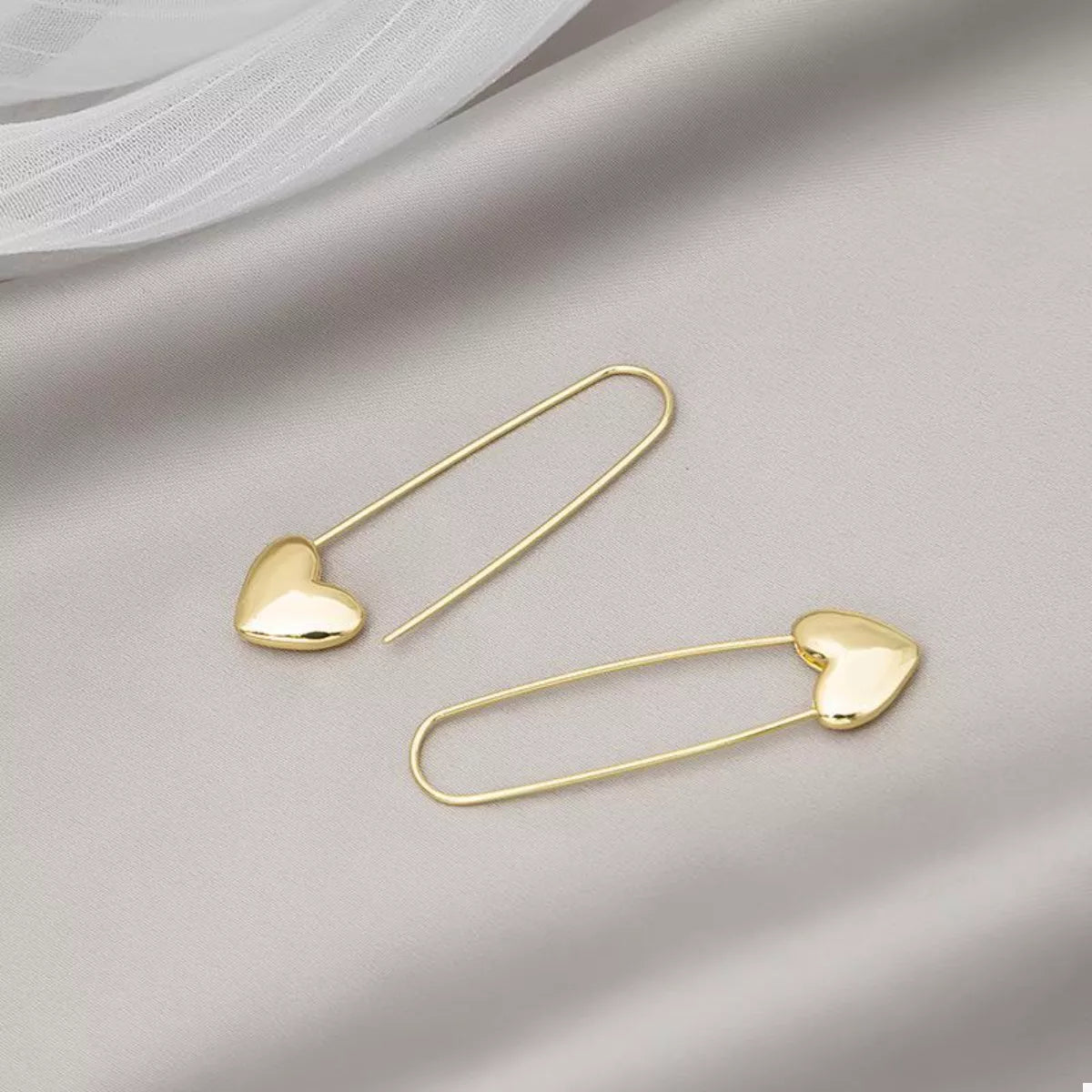 18K Gold-Plated Heart Charm Safety Pin Earrings