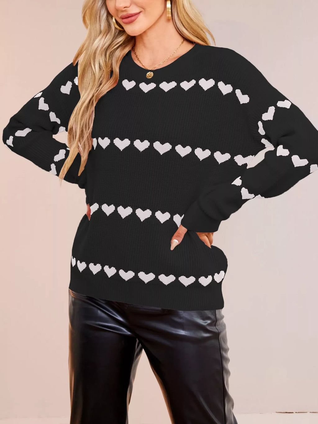 Heart Pattern Dropped Shoulder Sweater