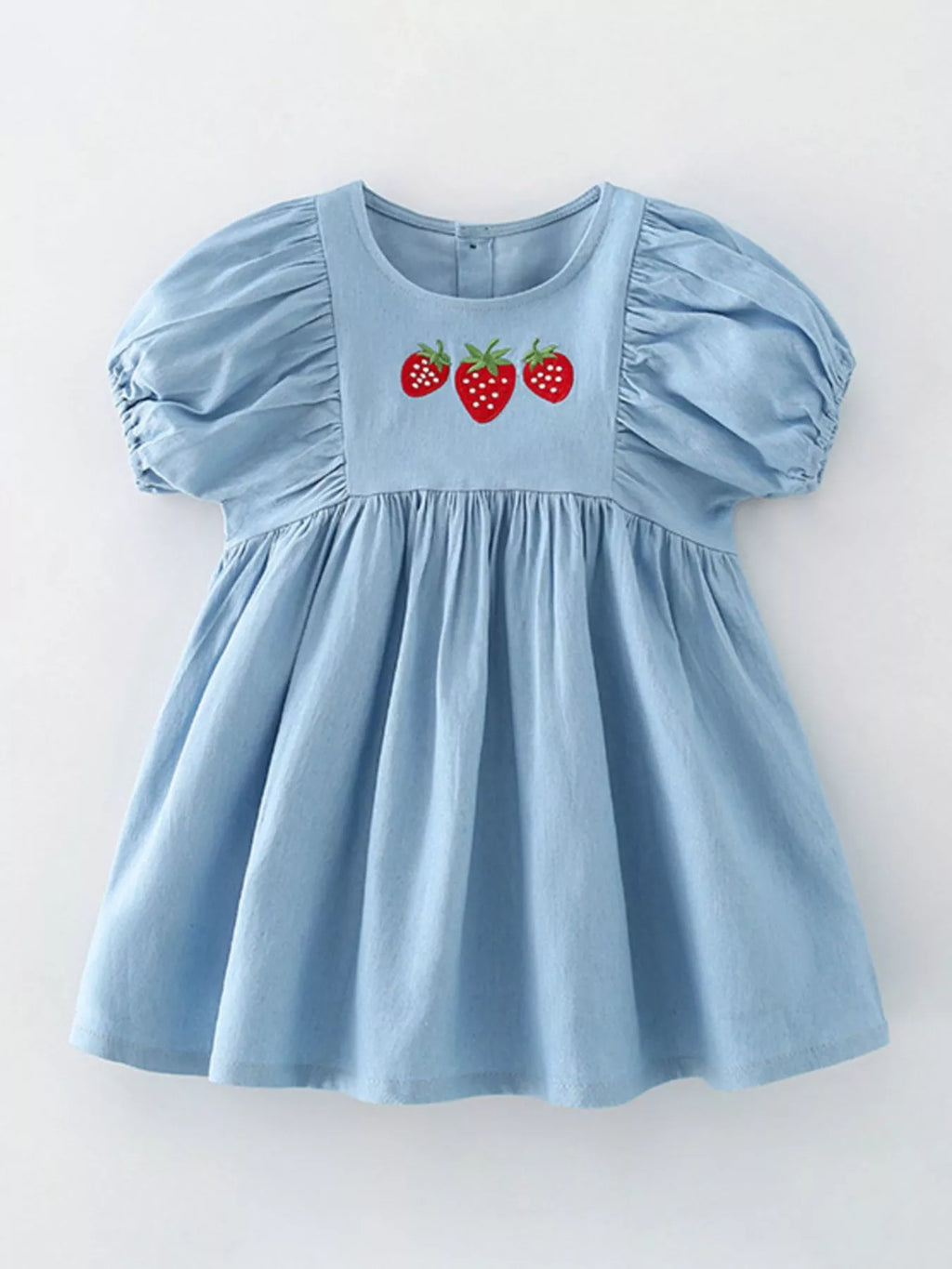 Children's Strawberry Embroidered Puff Sleeve Denim Dress