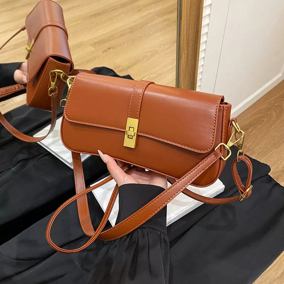 Rectangular Crossbody Bag with Golden Buckle