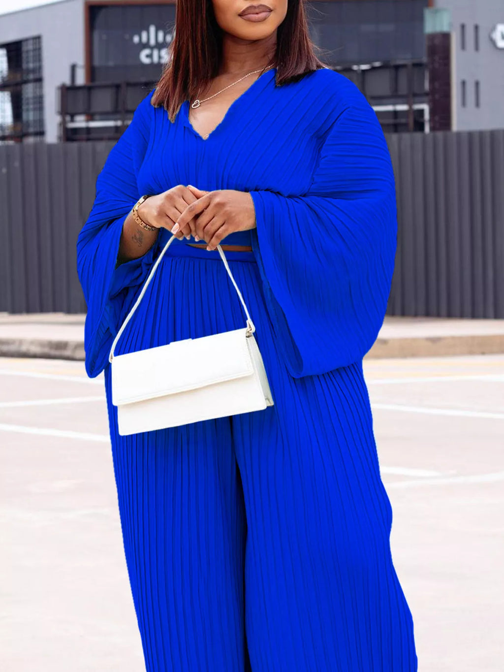Full Size Pleated Crop Top and Wide Leg Pants Set Plus Size