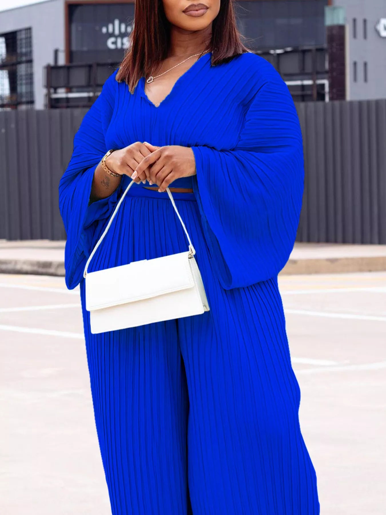 Full Size Pleated Crop Top and Wide Leg Pants Set Plus Size