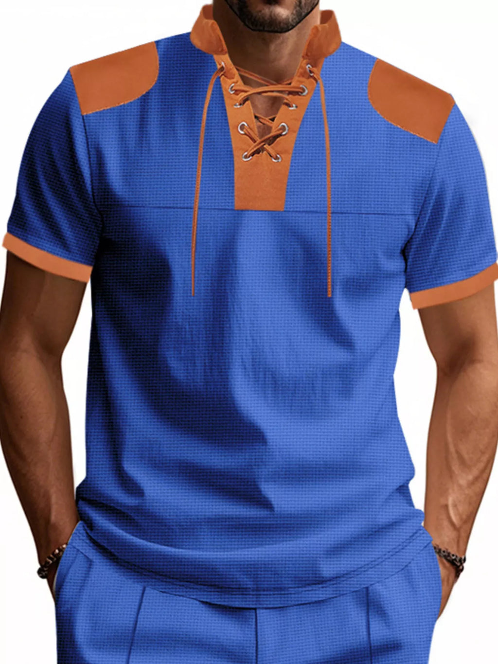 Men's Full Size Lace-Up Neckline Short Sleeve T-Shirt Plus Size