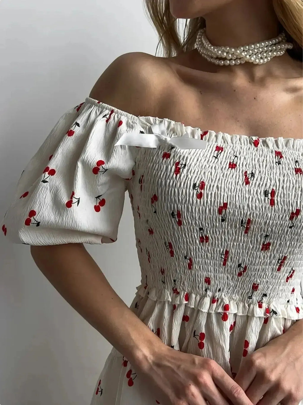 Puff Sleeve Cherry Print Smocked Mini Dress
