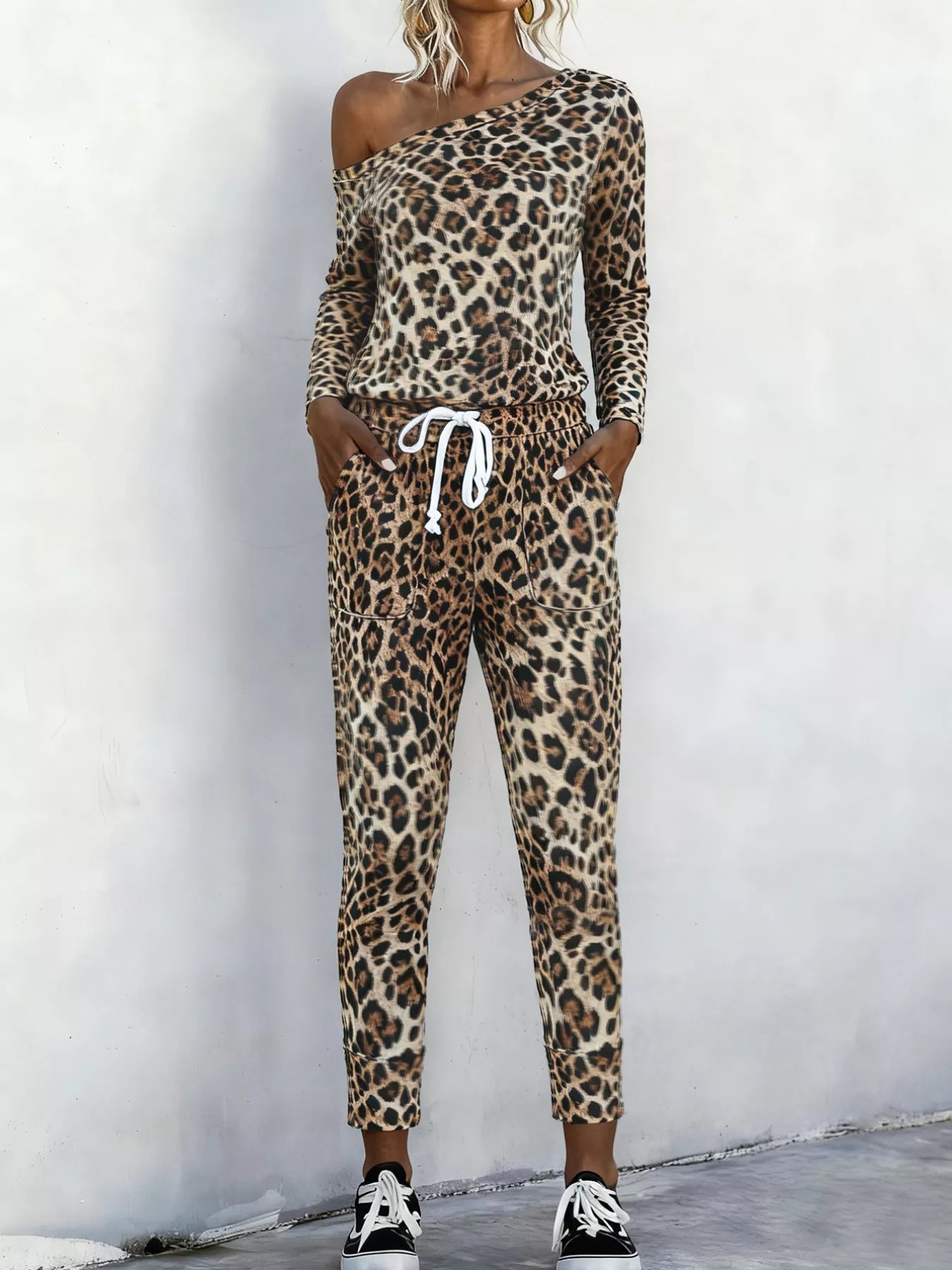 Leopard Print One-Shoulder Top and Pants Set