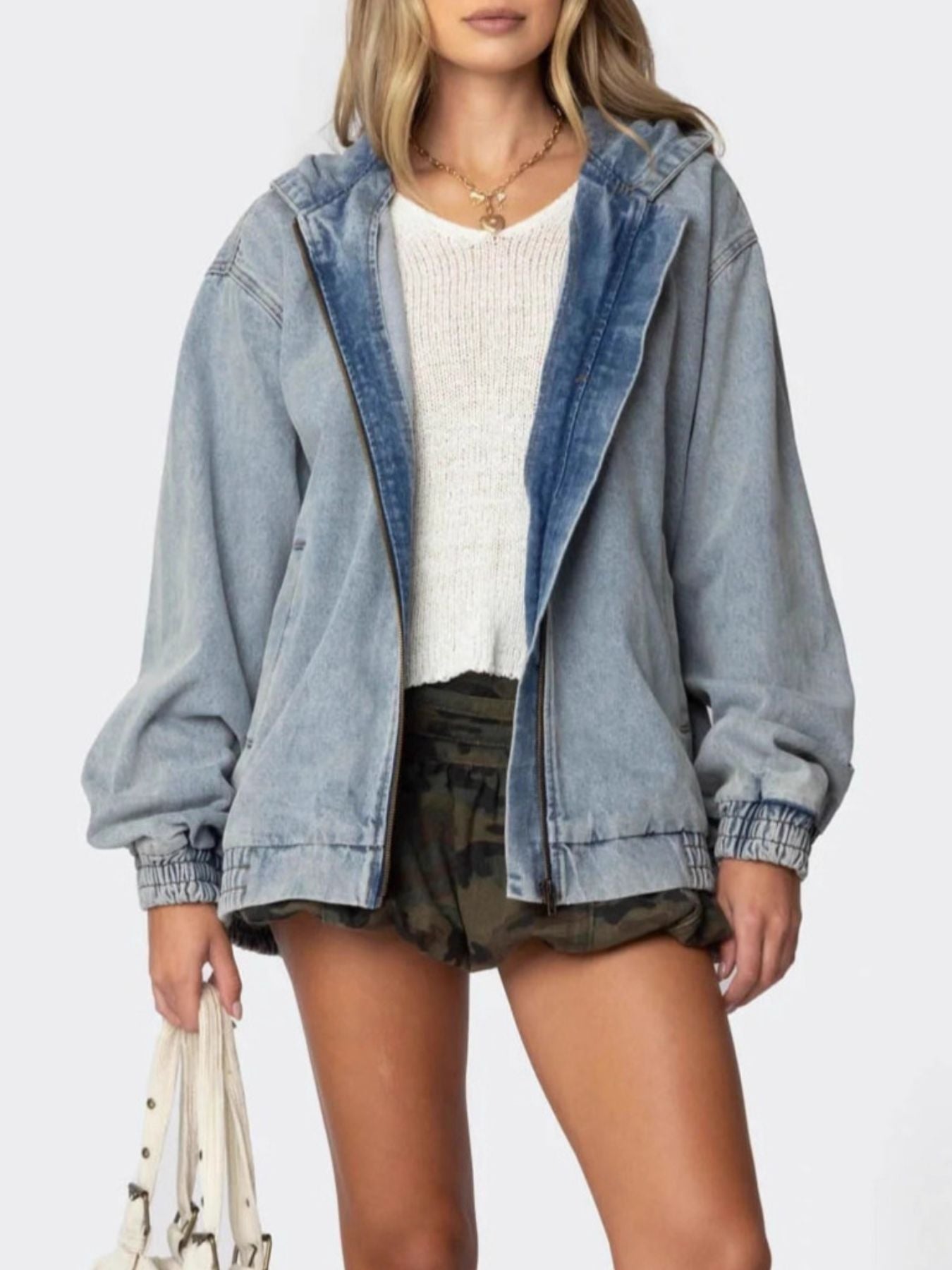 Hooded Oversized Zip Up Denim Jacket