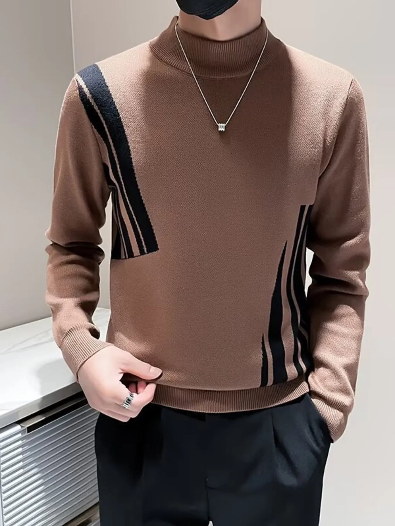 Men's Plus Size Striped Pattern Turtleneck Pullover